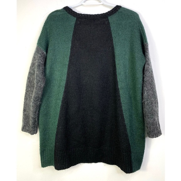 Mango Colorblock V-Neck Wool Blend Sweater High Low Drop Sleeve Gray Green Black - Picture 7 of 15
